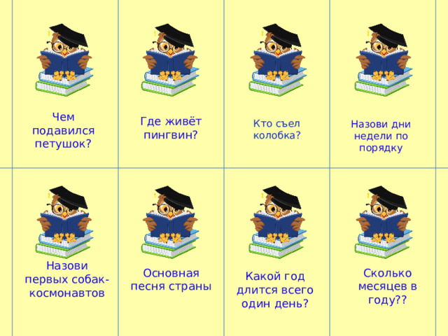 Чем подавился петушок? Где живёт пингвин? Кто съел колобка? Назови дни недели по порядку Назови первых собак-космонавтов Основная песня страны Сколько месяцев в году?? Какой год длится всего один день? 