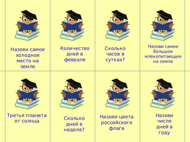 Назови самое холодное место на земле Назови самое большое млекопитающее на земле Сколько часов в сутках? Количество дней в феврале Назови число дней в году Третья планета от солнца Назови цвета российского флага Сколько дней в неделе? 