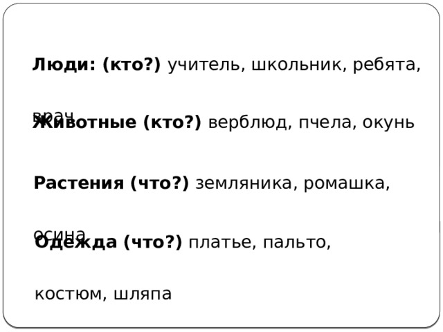 Люди: (кто?) учитель, школьник, ребята, врач Животные (кто?) верблюд, пчела, окунь Растения (что?) земляника, ромашка, осина Одежда (что?) платье, пальто, костюм, шляпа 