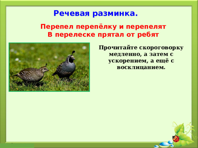 Речевая разминка. Перепел перепёлку и перепелят В перелеске прятал от ребят Прочитайте скороговорку медленно, а затем с ускорением, а ещё с восклицанием.  