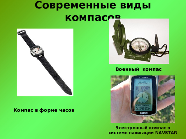 Современные виды компасов Военный компас Компас в форме часов Электронный компас в системе навигации NAVSTAR 