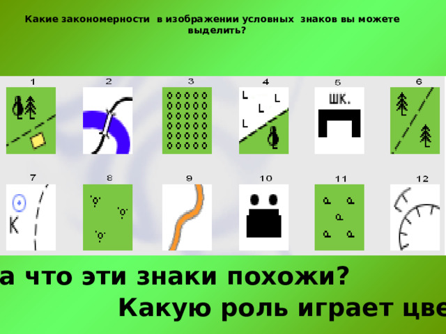 Какие закономерности в изображении условных знаков вы можете выделить? На что эти знаки похожи? Какую роль играет цвет? 