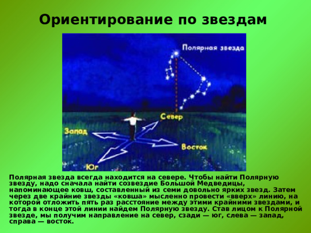 Ориентирование по звездам Полярная звезда всегда находится на севере. Чтобы найти Полярную звезду, надо сначала найти созвездие Большой Медведицы, напоминающее ковш, составленный из семи довольно ярких звезд. Затем через две крайние звезды «ковша» мысленно провести «вверх» линию, на которой отложить пять раз расстояние между этими крайними звездами, и тогда в конце этой линии найдем Полярную звезду. Став лицом к Полярной звезде, мы получим направление на север, сзади — юг, слева — запад, справа — восток. 