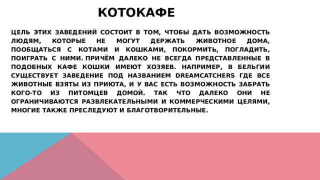 Котокафе     Цель этих заведений состоит в том, чтобы дать возможность людям, которые не могут держать животное дома, пообщаться с котами и кошками, покормить, погладить, поиграть с ними. Причём далеко не всегда представленные в подобных кафе кошки имеют хозяев. Например, в Бельгии существует заведение под названием DreamCATchers где все животные взяты из приюта, и у вас есть возможность забрать кого-то из питомцев домой. Так что далеко они не ограничиваются развлекательными и коммерческими целями, многие также преследуют и благотворительные. 