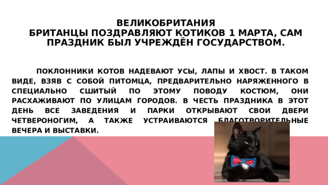 Великобритания  Британцы поздравляют котиков 1 марта, сам праздник был учреждён государством.      Поклонники котов надевают усы, лапы и хвост. В таком виде, взяв с собой питомца, предварительно наряженного в специально сшитый по этому поводу костюм, они расхаживают по улицам городов. В честь праздника в этот день все заведения и парки открывают свои двери четвероногим, а также устраиваются благотворительные вечера и выставки. 