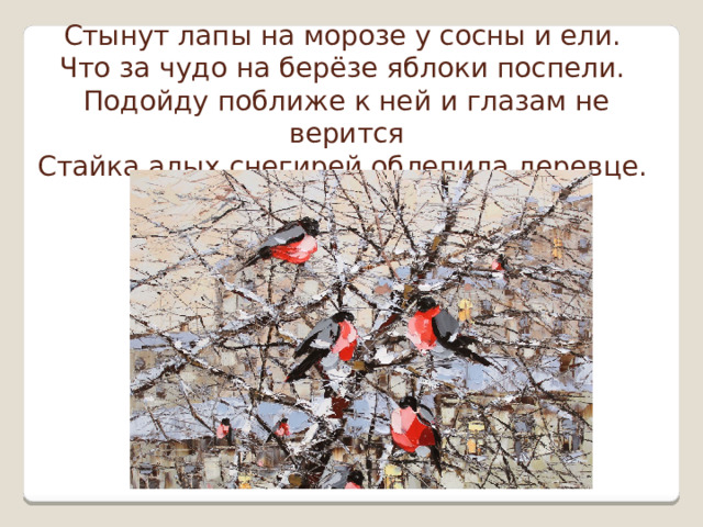 Стынут лапы на морозе у сосны и ели.  Что за чудо на берёзе яблоки поспели.  Подойду поближе к ней и глазам не верится  Стайка алых снегирей облепила деревце. 