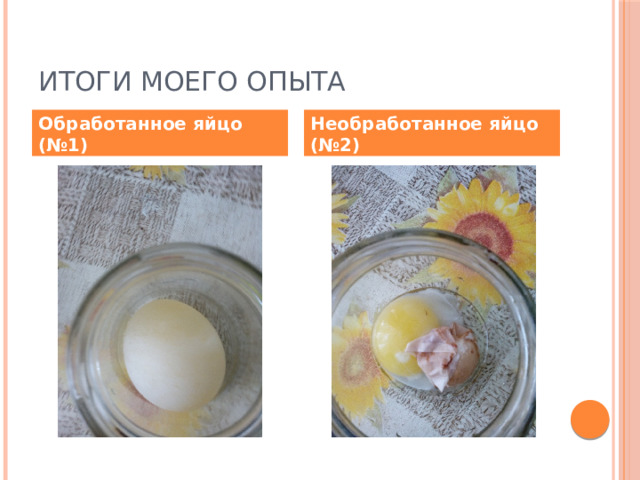 Итоги моего опыта Обработанное яйцо (№1) Необработанное яйцо (№2) 