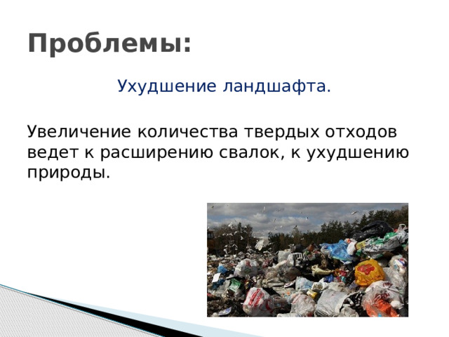 Проблемы: Ухудшение ландшафта. Увеличение количества твердых отходов ведет к расширению свалок, к ухудшению природы. 