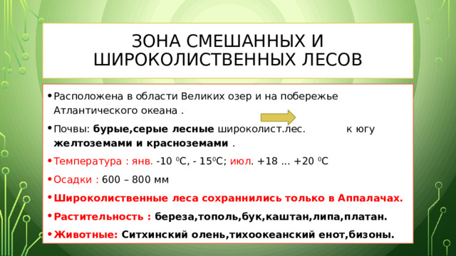 Зона смешанных и широколиственных лесов Расположена в области Великих озер и на побережье Атлантического океана . Почвы: бурые,серые лесные широколист.лес. к югу желтоземами и красноземами . Температура :  янв. -10 ⁰С, - 15⁰С; июл . +18 ... +20 ⁰С Осадки : 600 – 800 мм Широколиственные леса сохраннились только в Аппалачах. Растительность : береза,тополь,бук,каштан,липа,платан. Животные: Ситхинский олень,тихоокеанский енот,бизоны. 