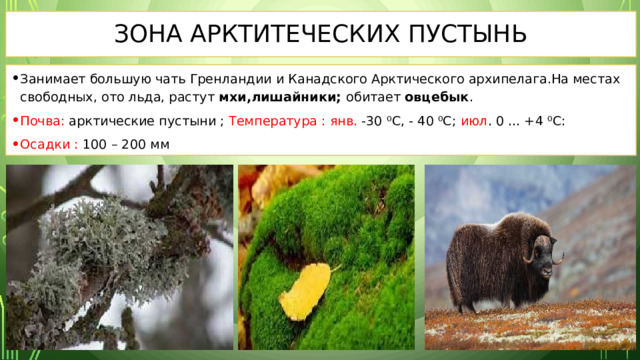 Зона Арктитеческих пустынь Занимает большую чать Гренландии и Канадского Арктического архипелага.На местах свободных, ото льда, растут мхи,лишайники; обитает овцебык . Почва: арктические пустыни ; Температура :  янв. -30 ⁰С, - 40 ⁰С; июл . 0 ... +4 ⁰С: Осадки : 100 – 200 мм 