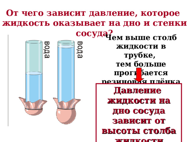 От чего зависит давление, которое жидкость оказывает на дно и стенки сосуда? Чем выше столб жидкости в трубке, тем больше прогибается резиновая плёнка Давление жидкости на дно сосуда зависит от высоты столба жидкости 