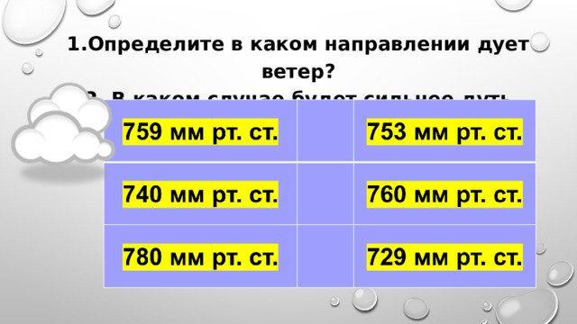 1.Определите в каком направлении дует ветер?  2. В каком случае будет сильнее дуть ветер? 