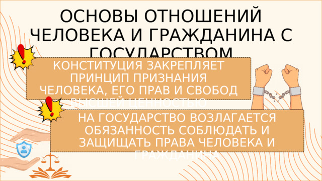 ОСНОВЫ ОТНОШЕНИЙ ЧЕЛОВЕКА И ГРАЖДАНИНА С ГОСУДАРСТВОМ КОНСТИТУЦИЯ ЗАКРЕПЛЯЕТ ПРИНЦИП ПРИЗНАНИЯ ЧЕЛОВЕКА, ЕГО ПРАВ И СВОБОД ВЫСШЕЙ ЦЕННОСТЬЮ НА ГОСУДАРСТВО ВОЗЛАГАЕТСЯ ОБЯЗАННОСТЬ СОБЛЮДАТЬ И ЗАЩИЩАТЬ ПРАВА ЧЕЛОВЕКА И ГРАЖДАНИНА 