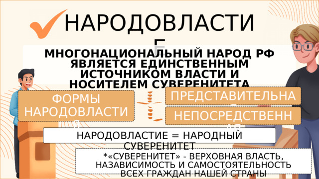 НАРОДОВЛАСТИЕ МНОГОНАЦИОНАЛЬНЫЙ НАРОД РФ ЯВЛЯЕТСЯ ЕДИНСТВЕННЫМ ИСТОЧНИКОМ ВЛАСТИ И НОСИТЕЛЕМ СУВЕРЕНИТЕТА ПРЕДСТАВИТЕЛЬНАЯ ФОРМЫ НАРОДОВЛАСТИЯ НЕПОСРЕДСТВЕННАЯ НАРОДОВЛАСТИЕ = НАРОДНЫЙ СУВЕРЕНИТЕТ *«СУВЕРЕНИТЕТ» - ВЕРХОВНАЯ ВЛАСТЬ, НАЗАВИСИМОСТЬ И САМОСТОЯТЕЛЬНОСТЬ ВСЕХ ГРАЖДАН НАШЕЙ СТРАНЫ 