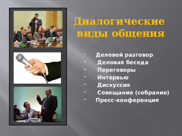 Диалогические виды общения    Деловой разговор  Деловая беседа  Переговоры  Интервью  Дискуссия  Совещание (собрание)  Пресс-конференция   