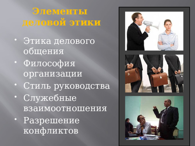 Элементы  деловой этики Этика делового общения Философия организации Стиль руководства Служебные взаимоотношения Разрешение конфликтов 