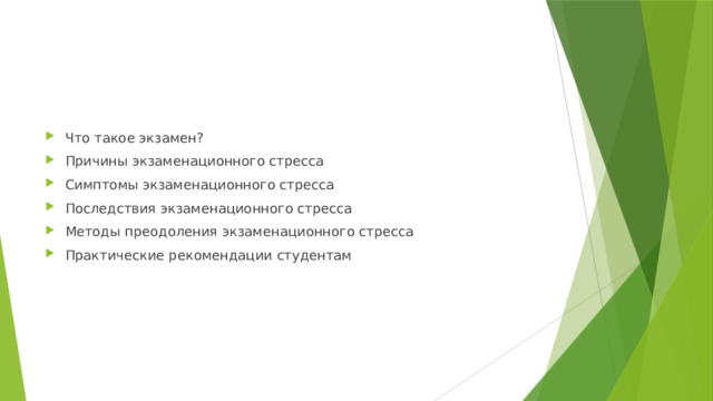 Что такое экзамен? Причины экзаменационного стресса Симптомы экзаменационного стресса Последствия экзаменационного стресса Методы преодоления экзаменационного стресса Практические рекомендации студентам 
