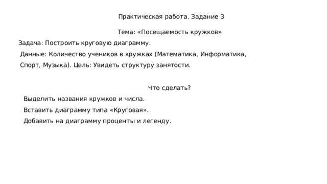 Практическая  работа.  Задание  3 Тема :  «Посещаемость  кружков» Задача :  Построить  круговую  диаграмму . Данные :  Количество  учеников  в  кружках  ( Математика ,  Информатика ,  Спорт ,  Музыка ). Цель :  Увидеть  структуру  занятости . Что  сделать ? Выделить  названия  кружков  и  числа . Вставить  диаграмму  типа  «Круговая» . Добавить  на  диаграмму  проценты  и  легенду . 