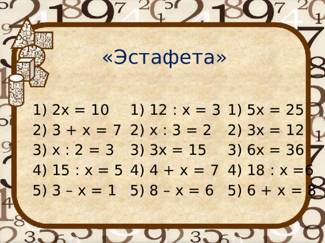 «Эстафета» 1) 2х = 10  1) 12 : х = 3  1) 5х = 25 2) 3 + х = 7  2) х : 3 = 2  2) 3х = 12 3) х : 2 = 3  3) 3х = 15   3) 6х = 36 4) 15 : х = 5  4) 4 + х = 7  4) 18 : х =6 5) 3 – х = 1  5) 8 – х = 6  5) 6 + х = 8 