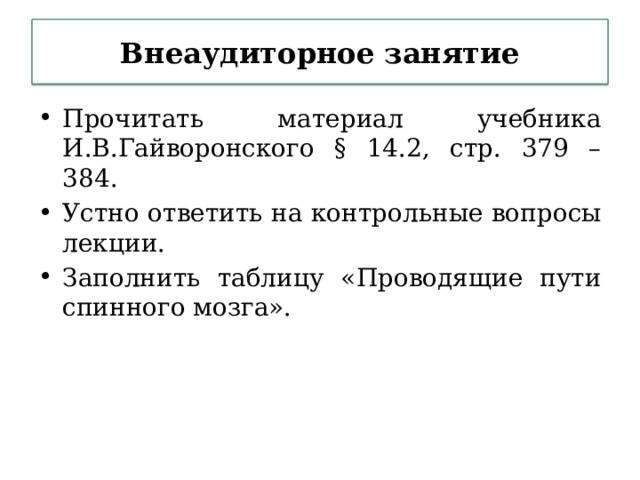 Внеаудиторное занятие Прочитать материал учебника И.В.Гайворонского § 14.2, стр. 379 – 384. Устно ответить на контрольные вопросы лекции. Заполнить таблицу «Проводящие пути спинного мозга». 