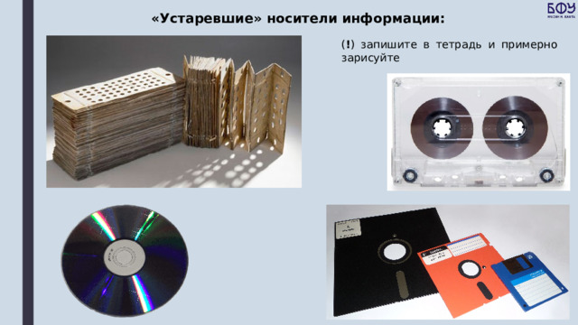 «Устаревшие» носители информации: ( ! ) запишите в тетрадь и примерно зарисуйте 