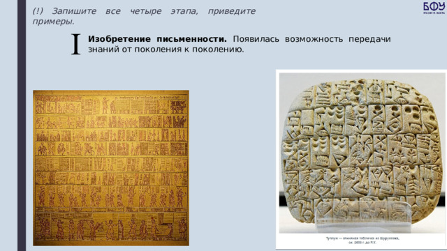 (!) Запишите все четыре этапа, приведите примеры. Изобретение письменности. Появилась возможность передачи знаний от поколения к поколению. 