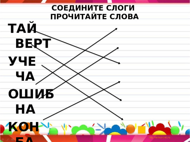 СОЕДИНИТЕ СЛОГИ  ПРОЧИТАЙТЕ СЛОВА ТАЙ ВЕРТ УЧЕ ЧА ОШИБ НА КОН БА ЗАДА НИК ДРУЖ КА 