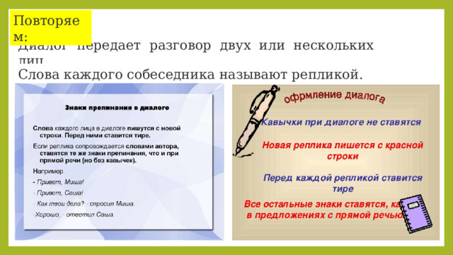 Повторяем: Диалог передает разговор двух или нескольких лиц. Слова каждого собеседника называют репликой. 