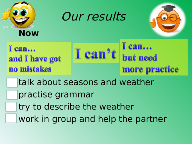 Our results Now    talk about seasons and weather practise grammar try to describe the weather work in group and help the partner 