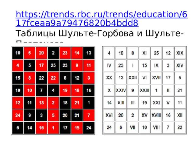 https://trends.rbc.ru/trends/education/617fceaa9a79476820b4bdd8 Таблицы Шульте-Горбова и Шульте-Платонова 