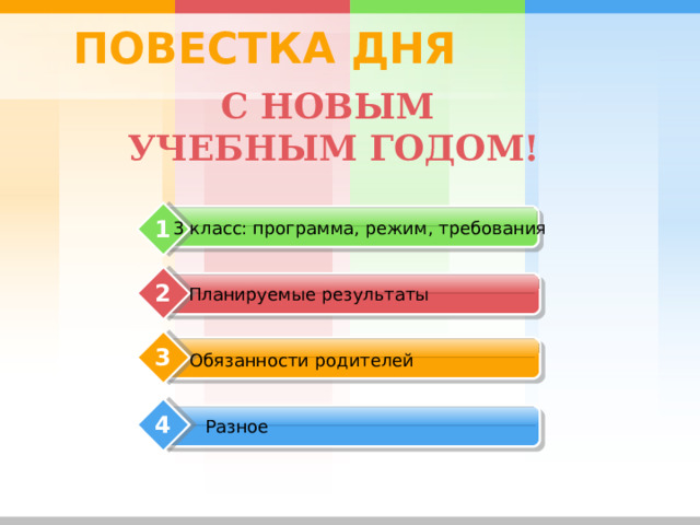 ПОВЕСТКА ДНЯ С НОВЫМ УЧЕБНЫМ ГОДОМ! 1 3 класс: программа, режим, требования 2 Планируемые результаты 3 Обязанности родителей 4 Разное 