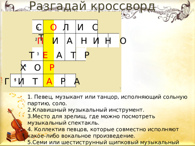 Разгадай кроссворд С О Л И С Т  П И А Н И Н О Т Е А Т Р Х О Р Г И Т А Р А 1. Певец, музыкант или танцор, исполняющий сольную партию, соло. 2.Клавишный музыкальный инструмент. 3.Место для зрелищ, где можно посмотреть музыкальный спектакль. 4. Коллектив певцов, которые совместно исполняют какое-либо вокальное произведение. 5.Семи или шестиструнный щипковый музыкальный инструмент. 