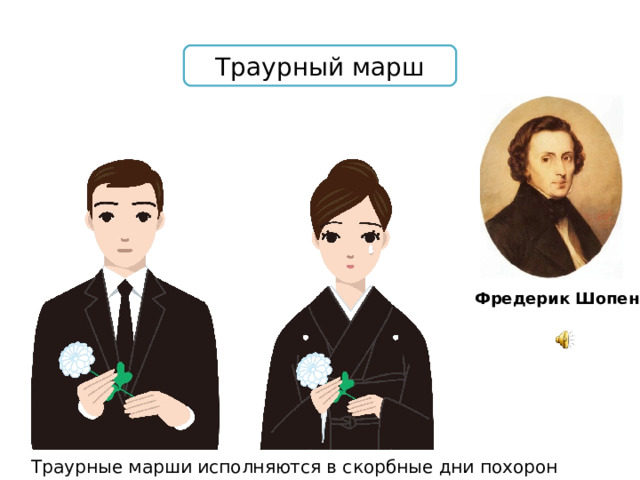 Траурный марш Фредерик Шопен Траурные марши исполняются в скорбные дни похорон 
