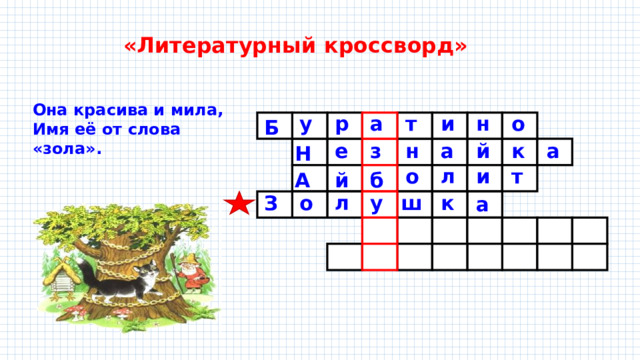 «Литературный кроссворд» Она красива и мила, Имя её от слова «зола». о и т р у н а Б а й а н к з е Н т и л о й б А к ш у л о З а 