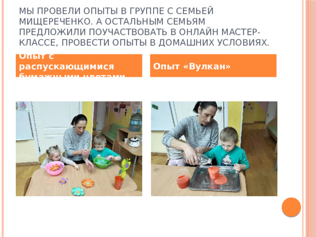 Мы провели опыты в группе с семьей Мищереченко. А остальным семьям предложили поучаствовать в онлайн мастер-классе, провести опыты в домашних условиях. Опыт с распускающимися бумажными цветами. Опыт «Вулкан» 