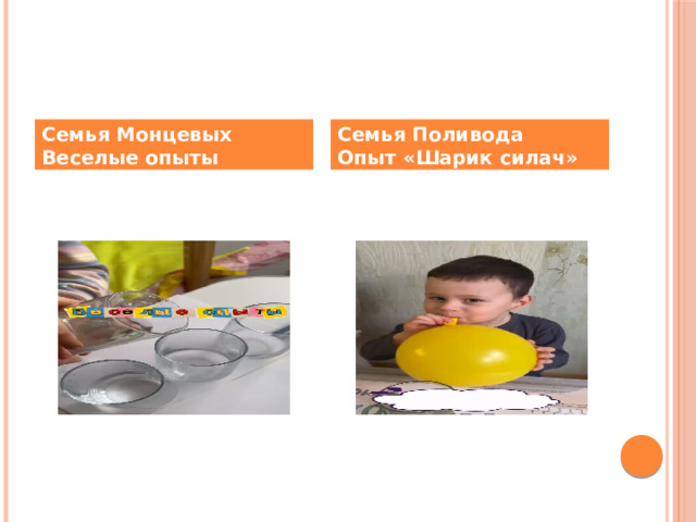 Семья Монцевых  Веселые опыты Семья Поливода  Опыт «Шарик силач» 