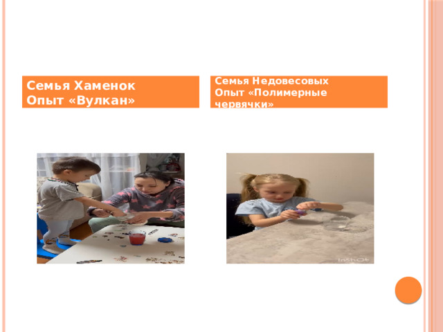 Семья Хаменок  Опыт «Вулкан» Семья Недовесовых  Опыт «Полимерные червячки» 