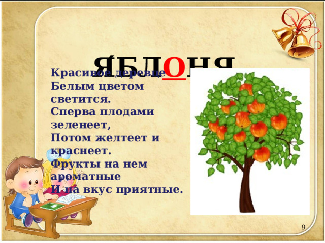  Я ́ БЛ О НЯ   Красивое деревце  Белым цветом светится.  Сперва плодами зеленеет,  Потом желтеет и краснеет.  Фрукты на нем ароматные  И на вкус приятные.  