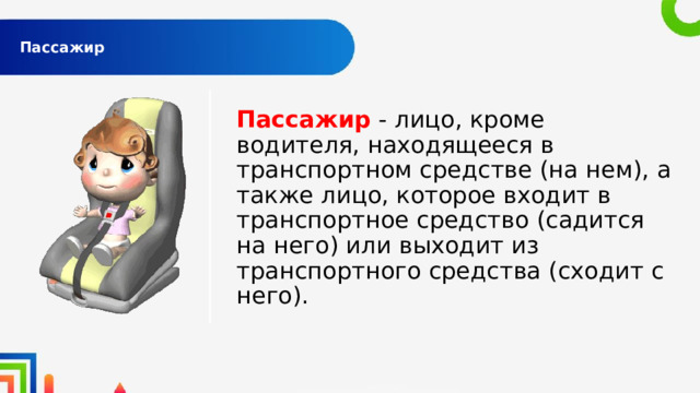  Пассажир   Пассажир - лицо, кроме водителя, находящееся в транспортном средстве (на нем), а также лицо, которое входит в транспортное средство (садится на него) или выходит из транспортного средства (сходит с него). 