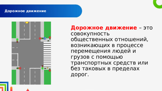  Дорожное движение   Дорожное движение – это совокупность общественных отношений, возникающих в процессе перемещения людей и грузов с помощью транспортных средств или без таковых в пределах дорог. 