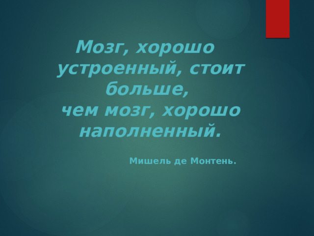 Мозг, хорошо устроенный, стоит больше,  чем мозг, хорошо наполненный.   Мишель де Монтень. 