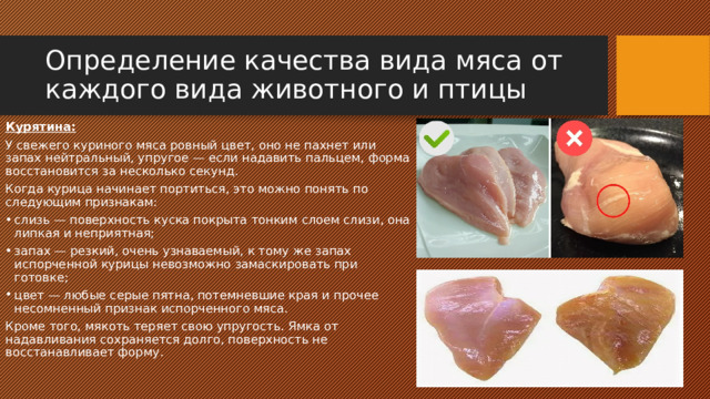 Определение качества вида мяса от каждого вида животного и птицы Курятина: У свежего куриного мяса ровный цвет, оно не пахнет или запах нейтральный, упругое — если надавить пальцем, форма восстановится за несколько секунд. Когда курица начинает портиться, это можно понять по следующим признакам: слизь — поверхность куска покрыта тонким слоем слизи, она липкая и неприятная; запах — резкий, очень узнаваемый, к тому же запах испорченной курицы невозможно замаскировать при готовке; цвет — любые серые пятна, потемневшие края и прочее несомненный признак испорченного мяса. Кроме того, мякоть теряет свою упругость. Ямка от надавливания сохраняется долго, поверхность не восстанавливает форму.  