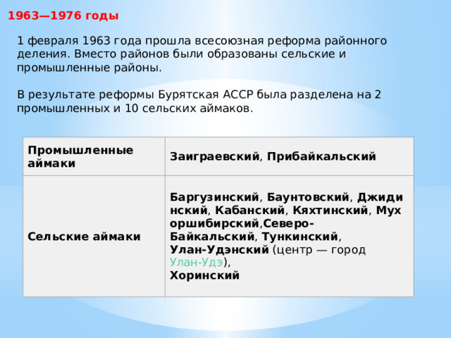 1963—1976 годы 1 февраля 1963 года прошла всесоюзная реформа районного деления. Вместо районов были образованы сельские и промышленные районы.  В результате реформы Бурятская АССР была разделена на 2 промышленных и 10 сельских аймаков. Промышленные аймаки Заиграевский ,  Прибайкальский Сельские аймаки Баргузинский ,  Баунтовский ,  Джидинский ,  Кабанский ,  Кяхтинский ,  Мухоршибирский , Северо-Байкальский ,  Тункинский , Улан-Удэнский  (центр — город  Улан-Удэ ),  Хоринский 