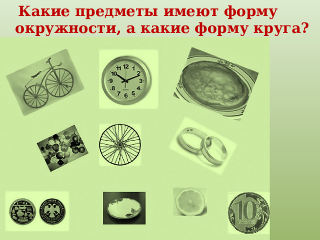  Какие предметы имеют форму окружности, а какие форму круга? 