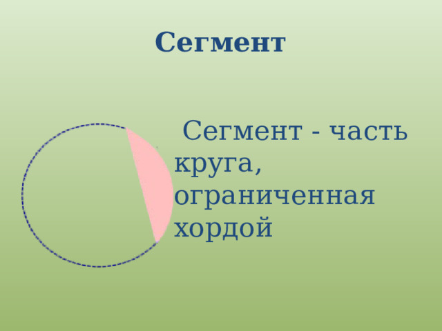 Сегмент  Сегмент - часть круга, ограниченная хордой 