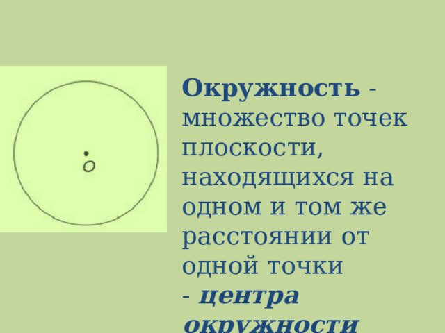 Окружность - множество точек плоскости, находящихся на одном и том же расстоянии от одной точки -  центра окружности 