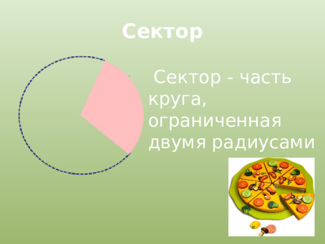 Сектор  Сектор - часть круга, ограниченная двумя радиусами 