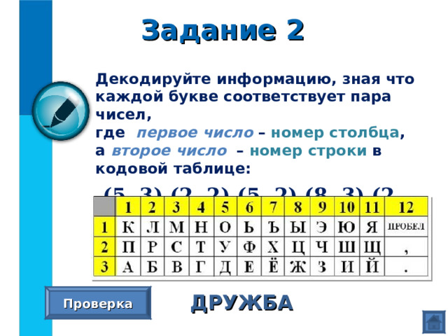Задание 2 Декодируйте информацию, зная что  каждой букве соответствует пара чисел,  где первое число – номер столбца , а второе число – номер строки в кодовой таблице:   (5, 3) (2, 2) (5, 2) (8, 3) (2, 3) (1, 3) ДРУЖБА Проверка  