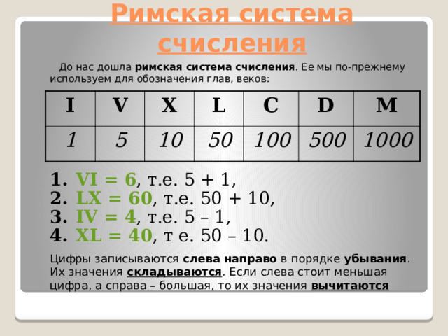Римская система счисления  До нас дошла римская система счисления . Ее мы по-прежнему используем для обозначения глав, веков:  I V 1 X 5 L 10 C 50 D 100 M 500 1000 VI = 6 , т.е. 5 + 1, LX = 60 , т.е. 50 + 10, IV = 4 , т.е. 5 – 1, XL = 40 , т е. 50 – 10. Цифры записываются слева направо в порядке убывания . Их значения складываются . Если слева стоит меньшая цифра, а справа – большая, то их значения вычитаются 
