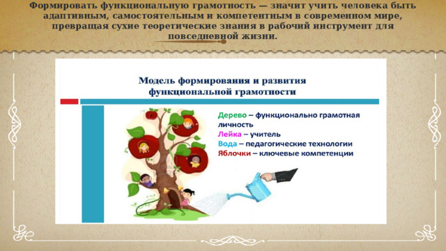  Формировать функциональную грамотность — значит учить человека быть адаптивным, самостоятельным и компетентным в современном мире, превращая сухие теоретические знания в рабочий инструмент для повседневной жизни. 